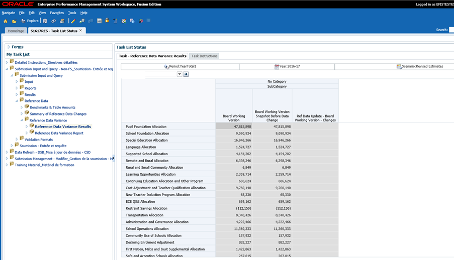 Shows the reference data variance report